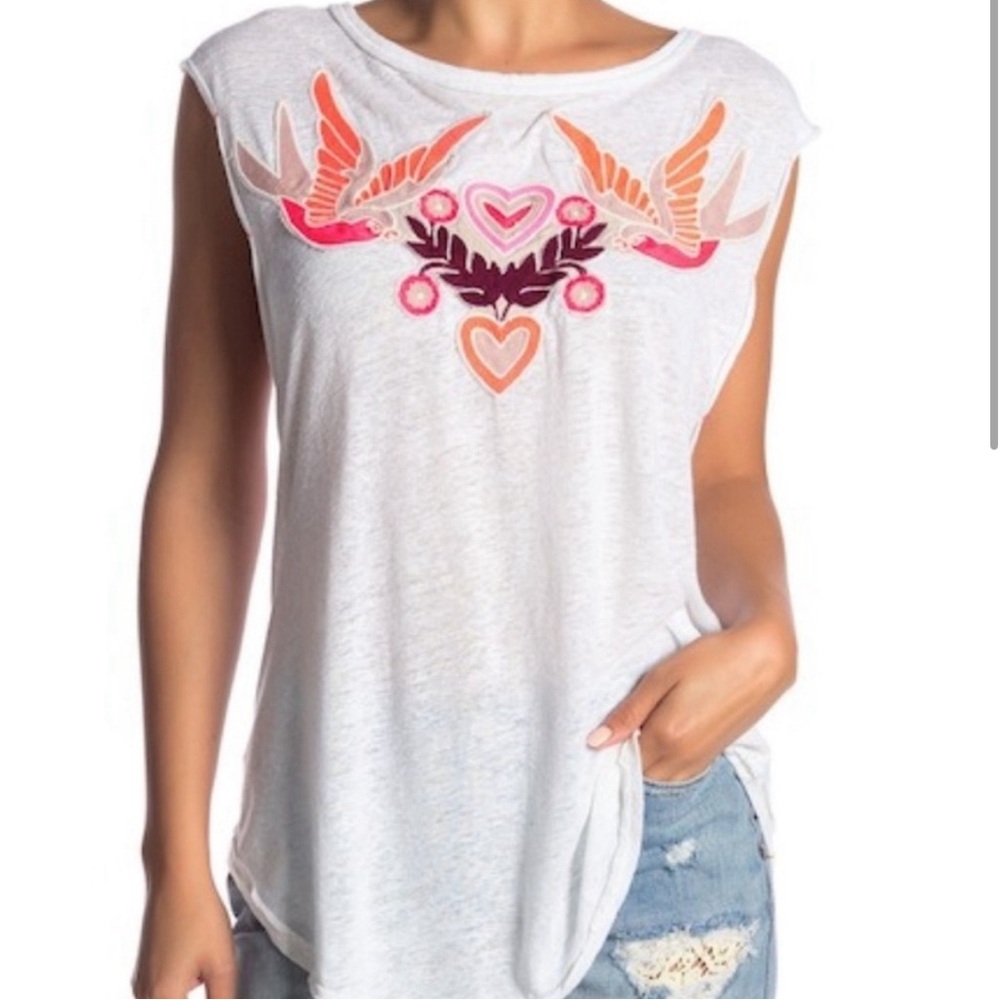 Free People Love Bird Lace Up White Embroidered Tank Top Size Small